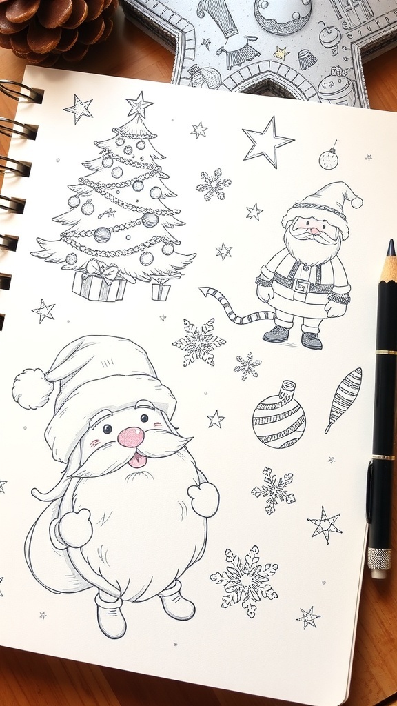 Pencil sketches of Christmas doodles including a tree, Santa, and ornaments on a sketchbook.